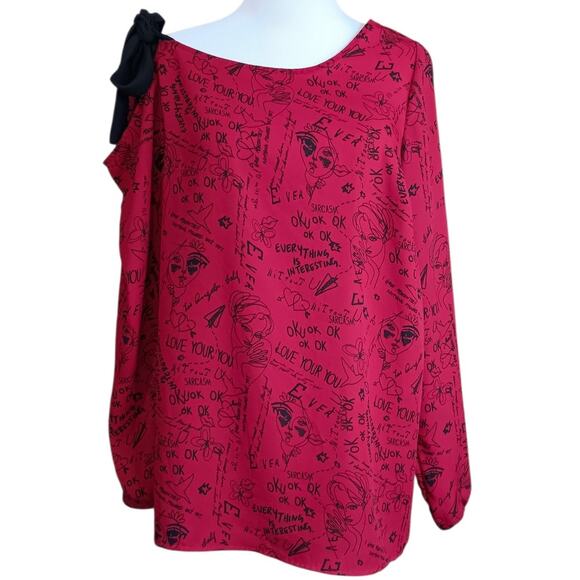 TORRID 2 Whimsical Blouse Top Plus 2X Bare Shoulder Tie Bow Red Black Going Out - Picture 10 of 11